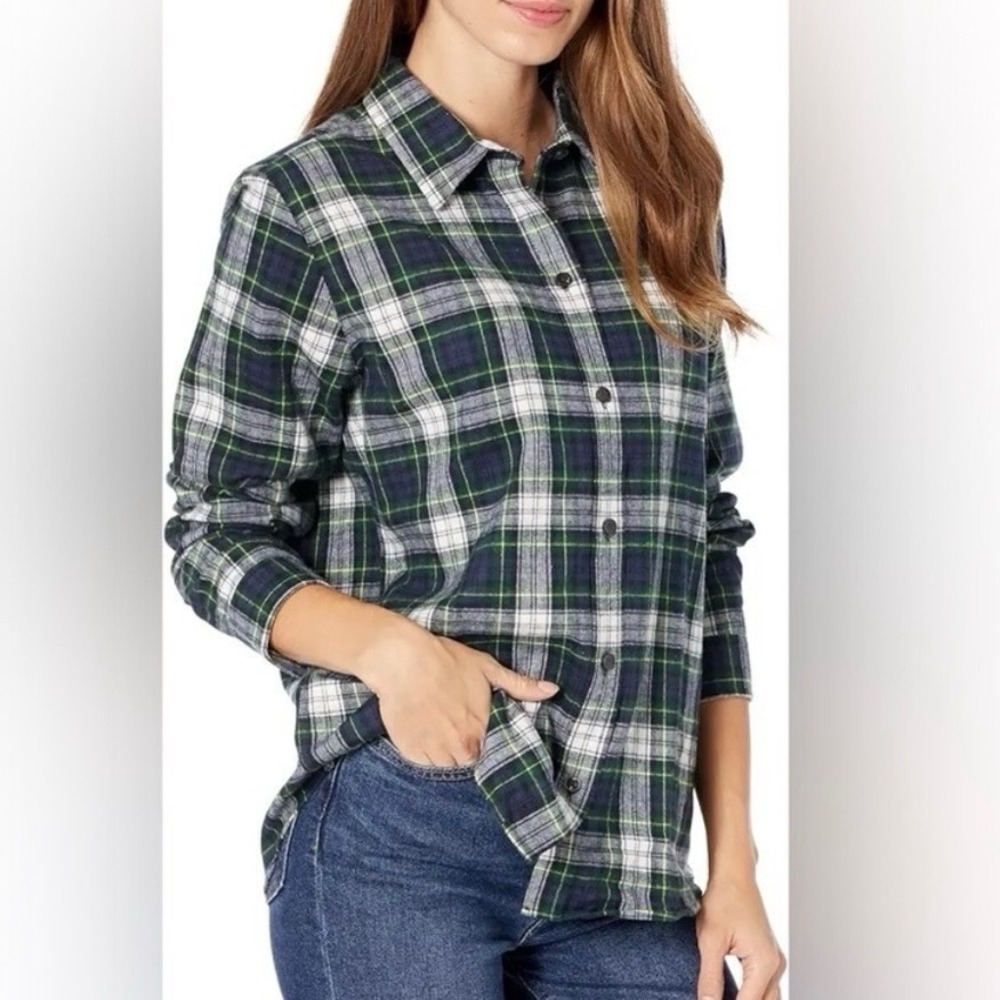 LL Bean Scotch Plaid Flannel Button Up Shirt Slightly Fitted Small Petite Green